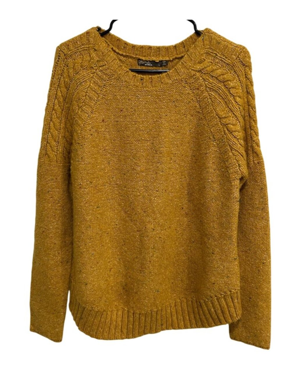 Prana Large Mustard Cable Knit Sweater Crew Neck Pullover Cozycore Heritage